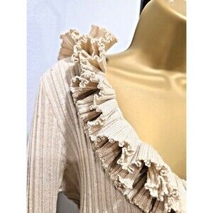 Vtg DKNY Merino Wool Sweater Womens Large Y2K Coquette Beige Ruffle Ribbed FLAW